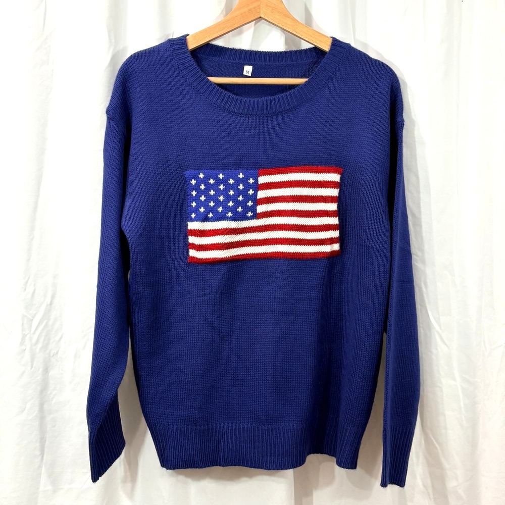 Women's Crewneck Blue American Flag Sweater USA Patriotic, Size M